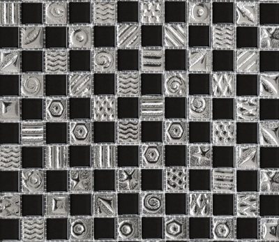Мозаика стеклянная Grand Kerama шахматка Черная-платина с рисунком 2169